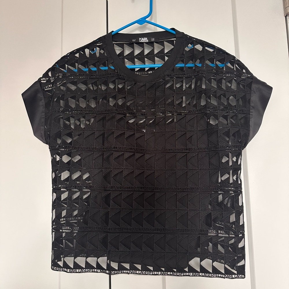 Karl Lagerfeld Black Geometric Cutout Short Sleeve Tee